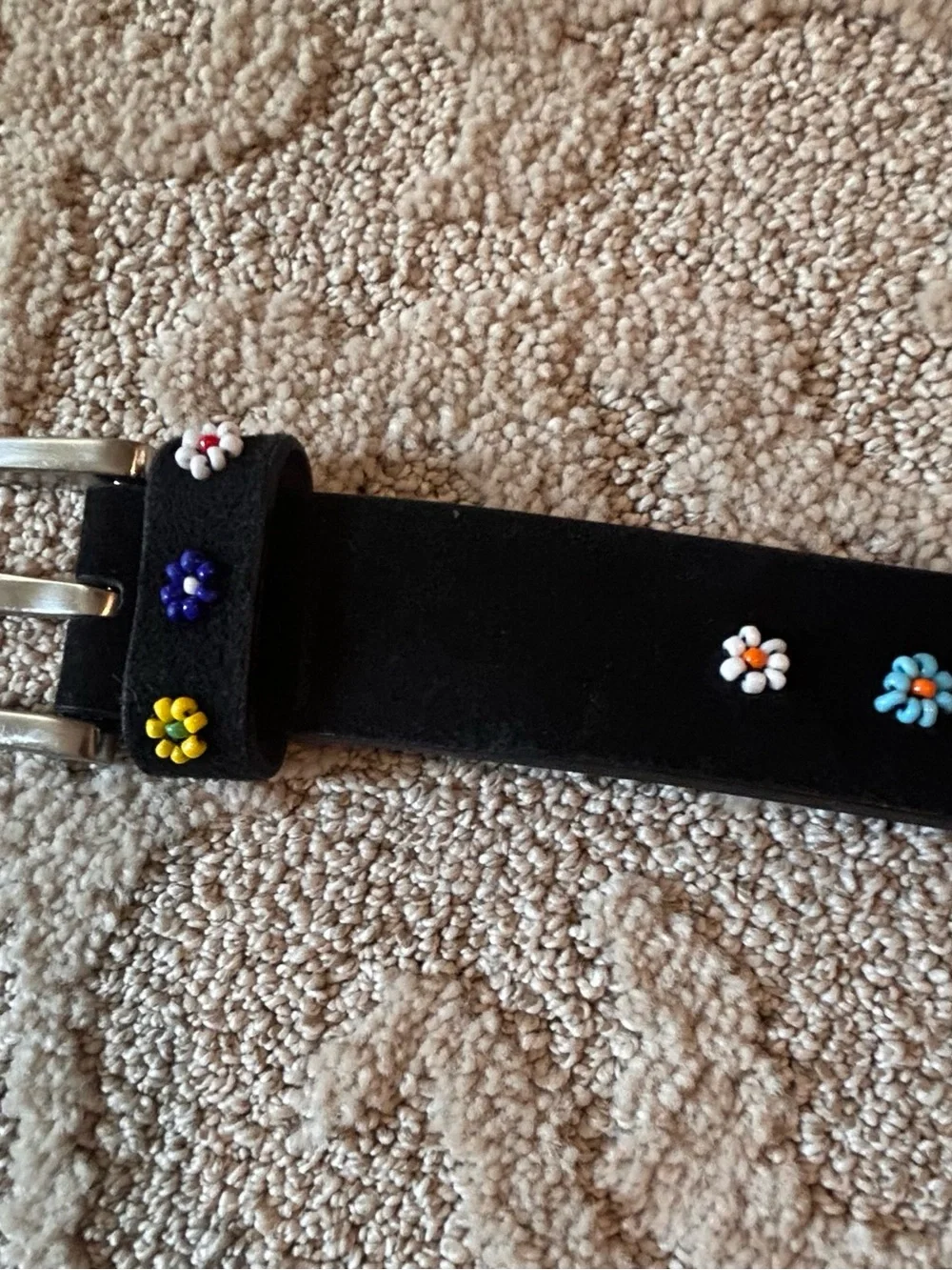 Black Leather Beaded Flower Belt - Colorful Seed Beads